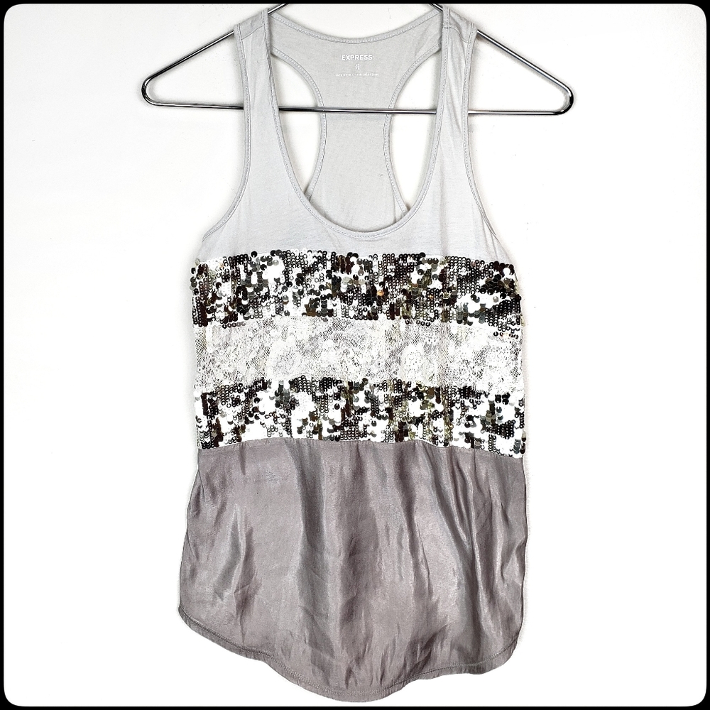 EXPRESS Gray Lace & Sequined Flowy Tank Top XS - Picture 1 of 7